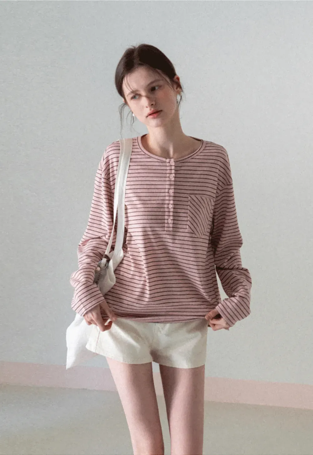 Long sleeve striped henley shirt with chest pocket