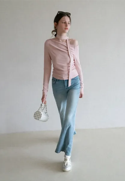 Long sleeve off shoulder top with neck tie detail