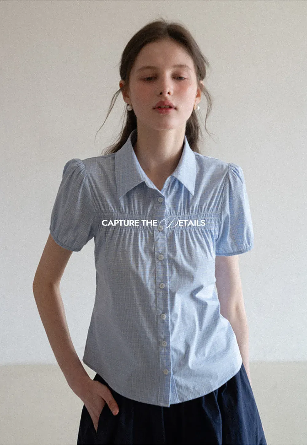 Short Sleeve Button Up Shirt with Pleated Detail