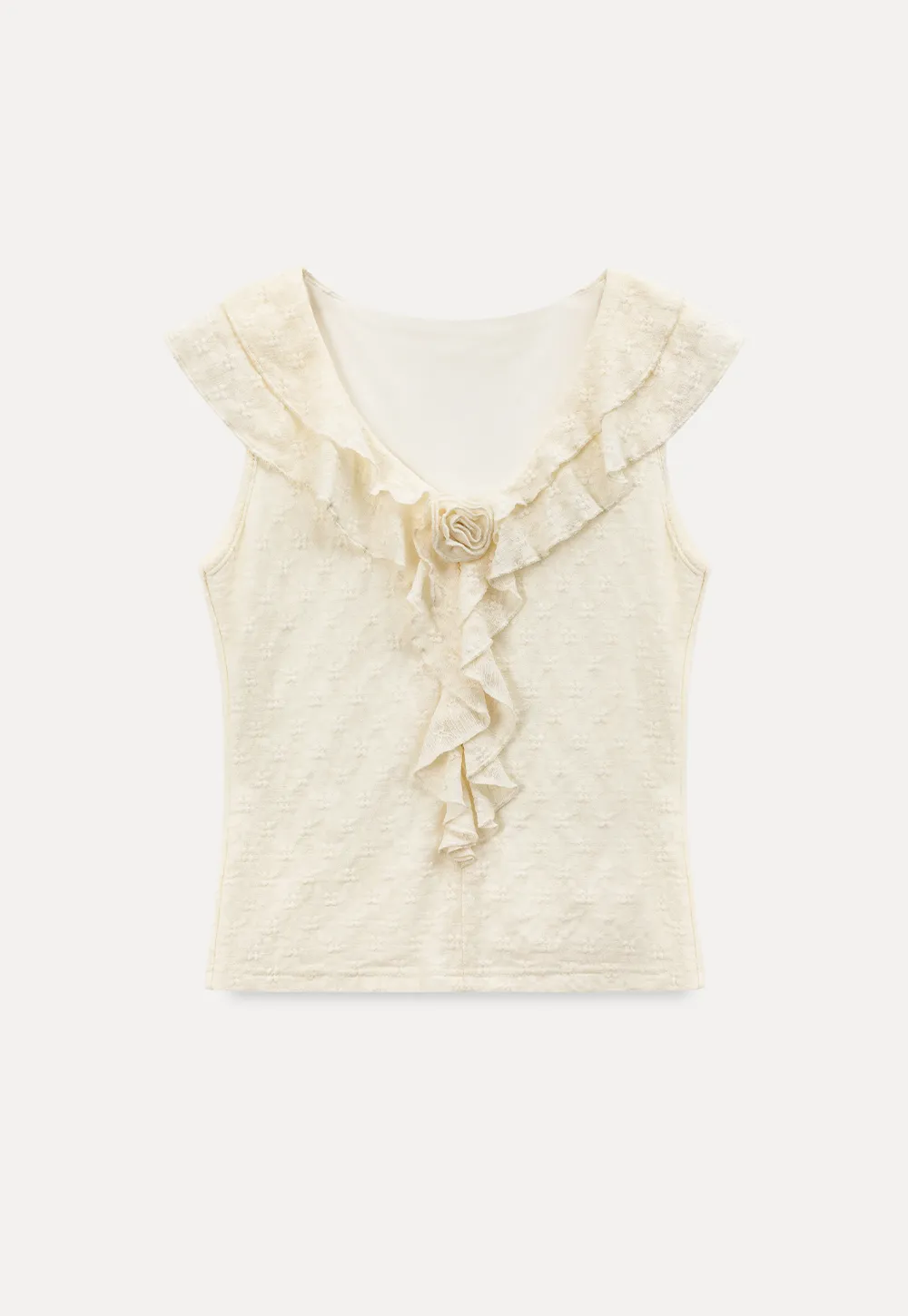 Sleeveless Top with Ruffled V Neck and Floral Detail