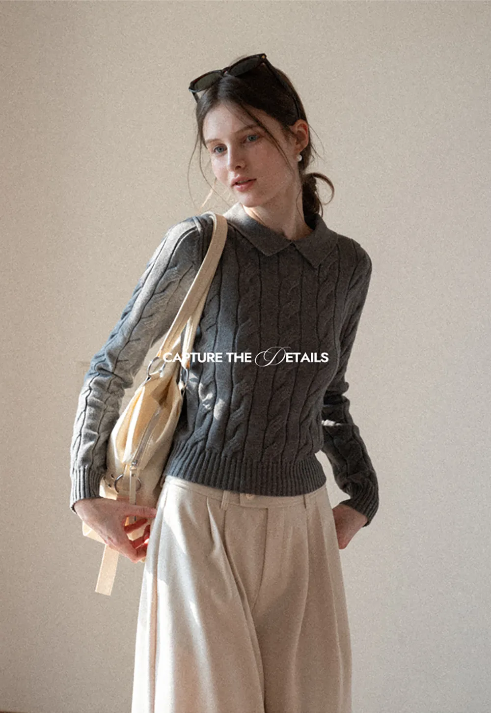 Cable Knit Crop Sweater with Collar