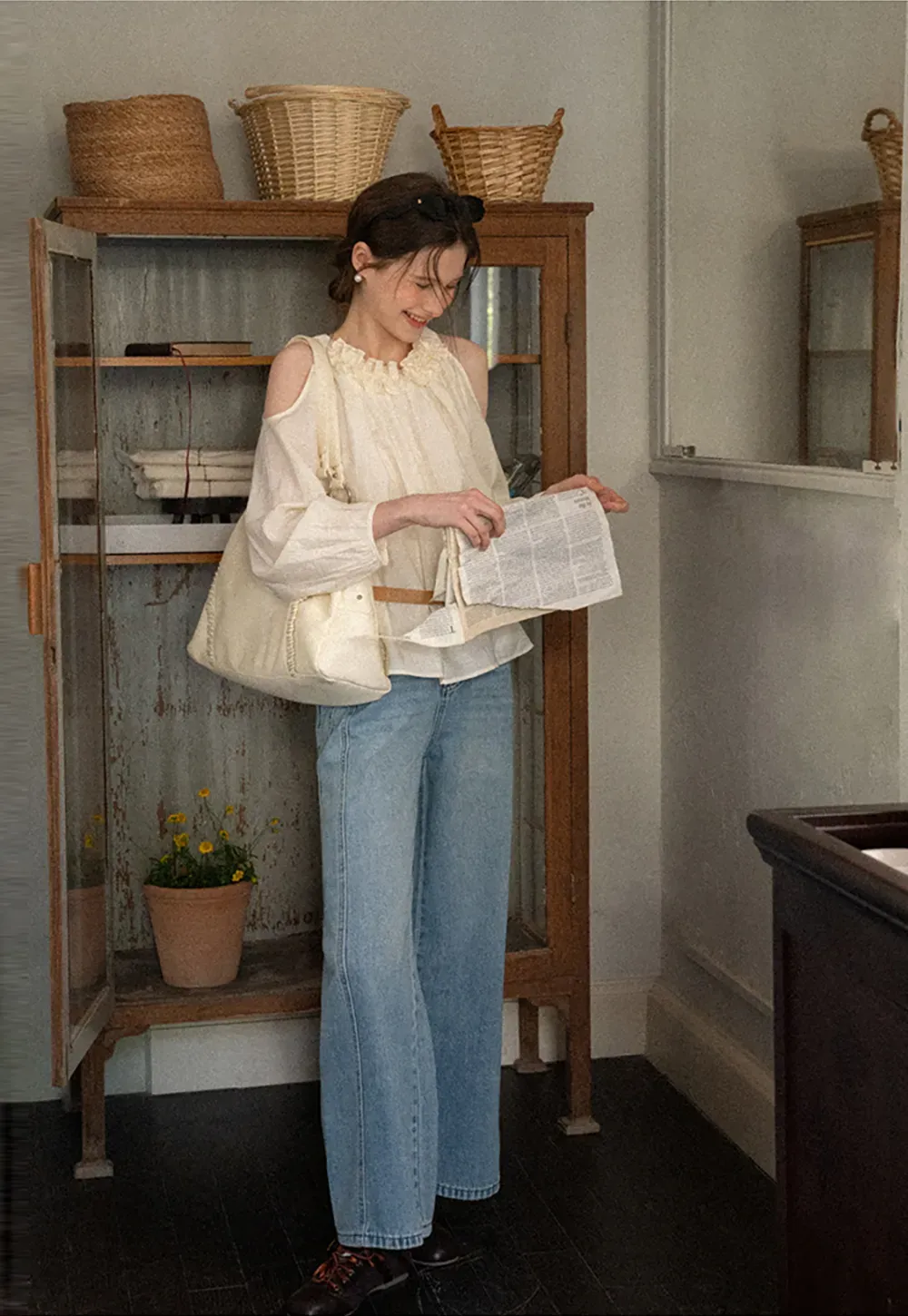 Lace Chiffon Blouse with Ruffled Neck and Cold Shoulder