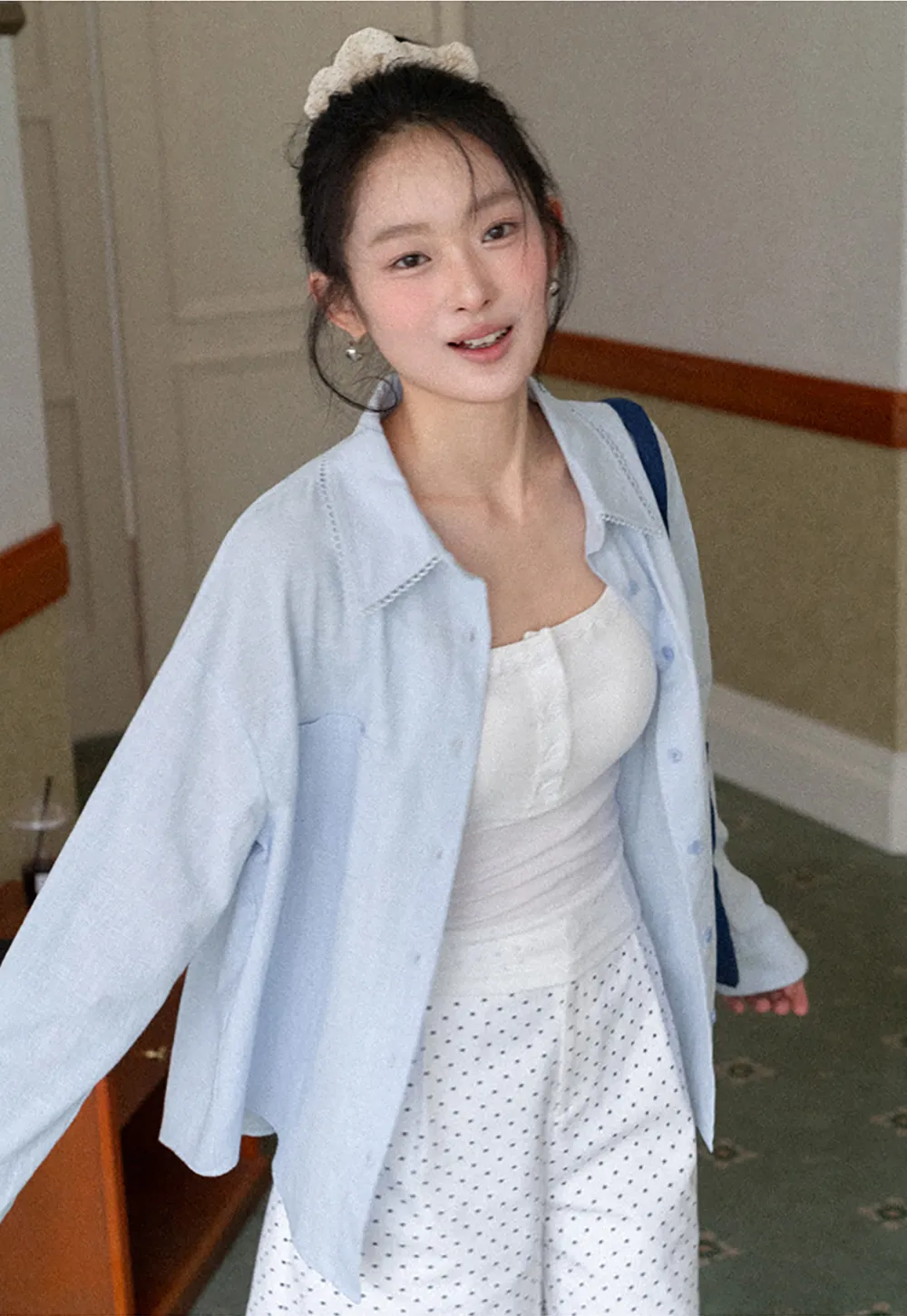 Lightweight long sleeve button front shirt with lace trim