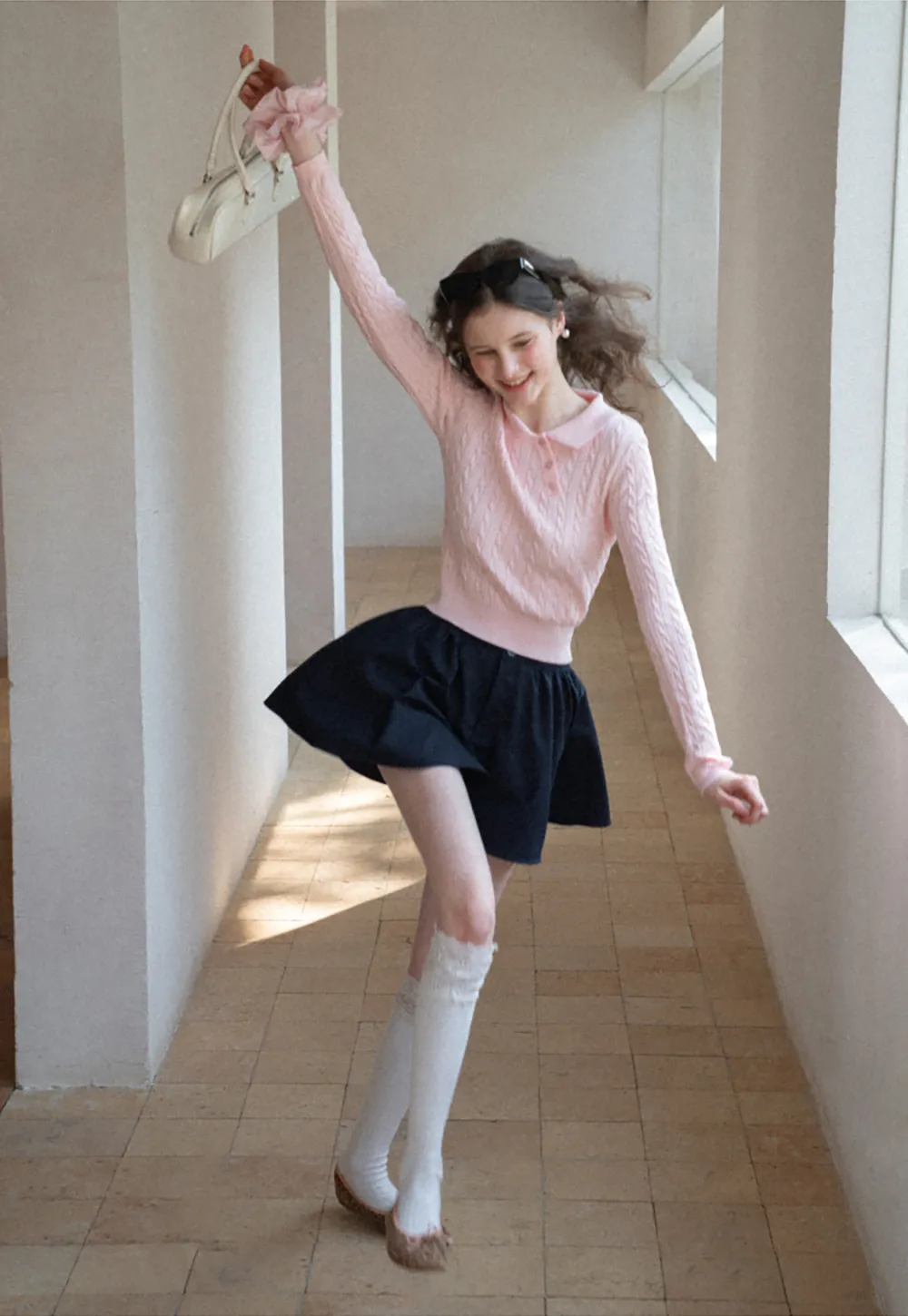 Cable Knit Long Sleeve Polo Neck Cropped Sweater