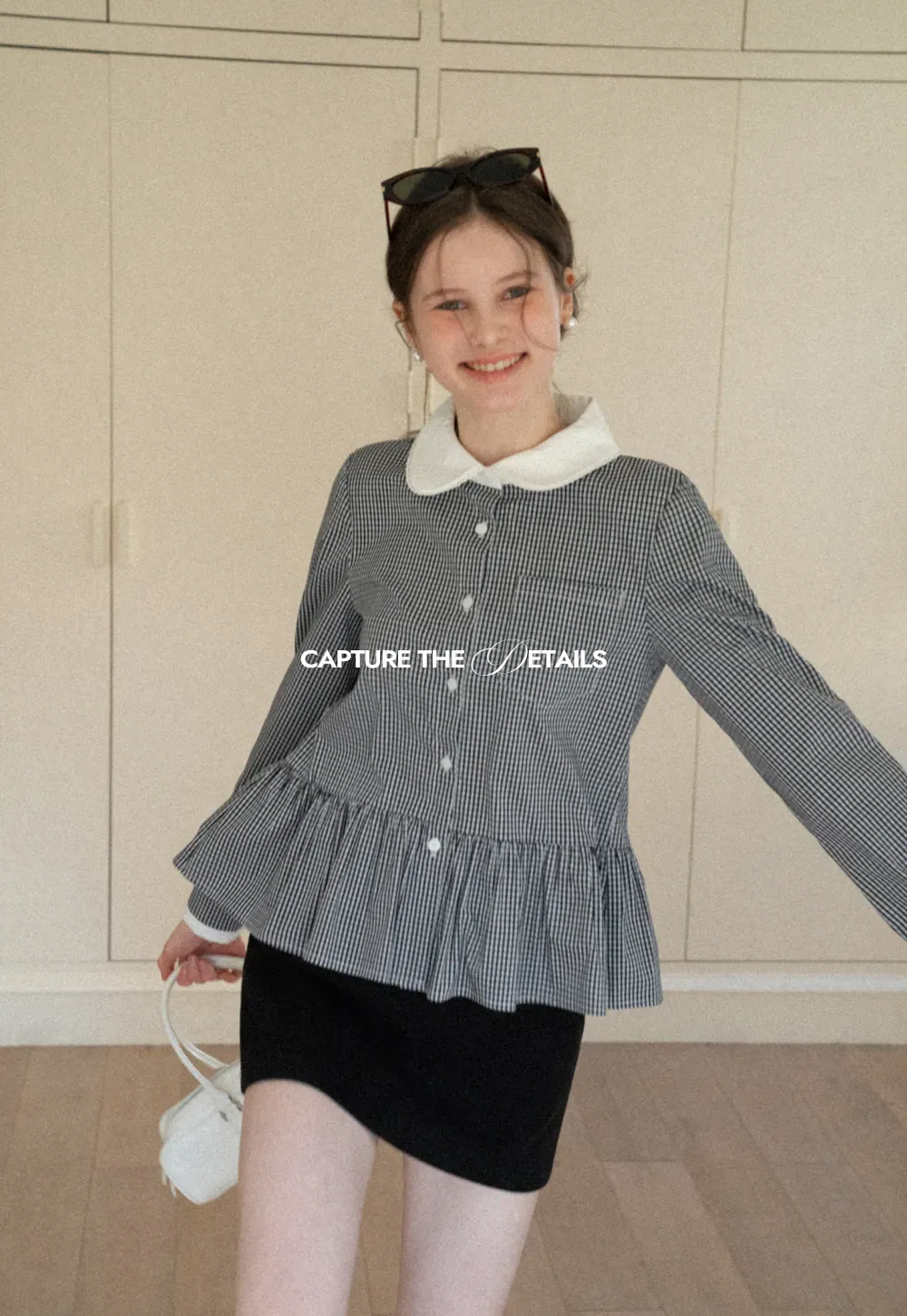 Peplum Gingham Collar Shirt with Flared Hem