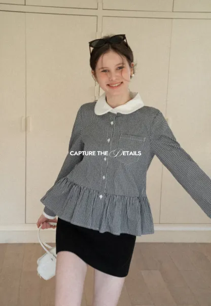 Peplum Gingham Collar Shirt with Flared Hem