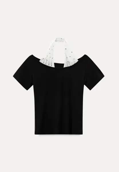 Off shoulder short sleeve top with halter neck detail