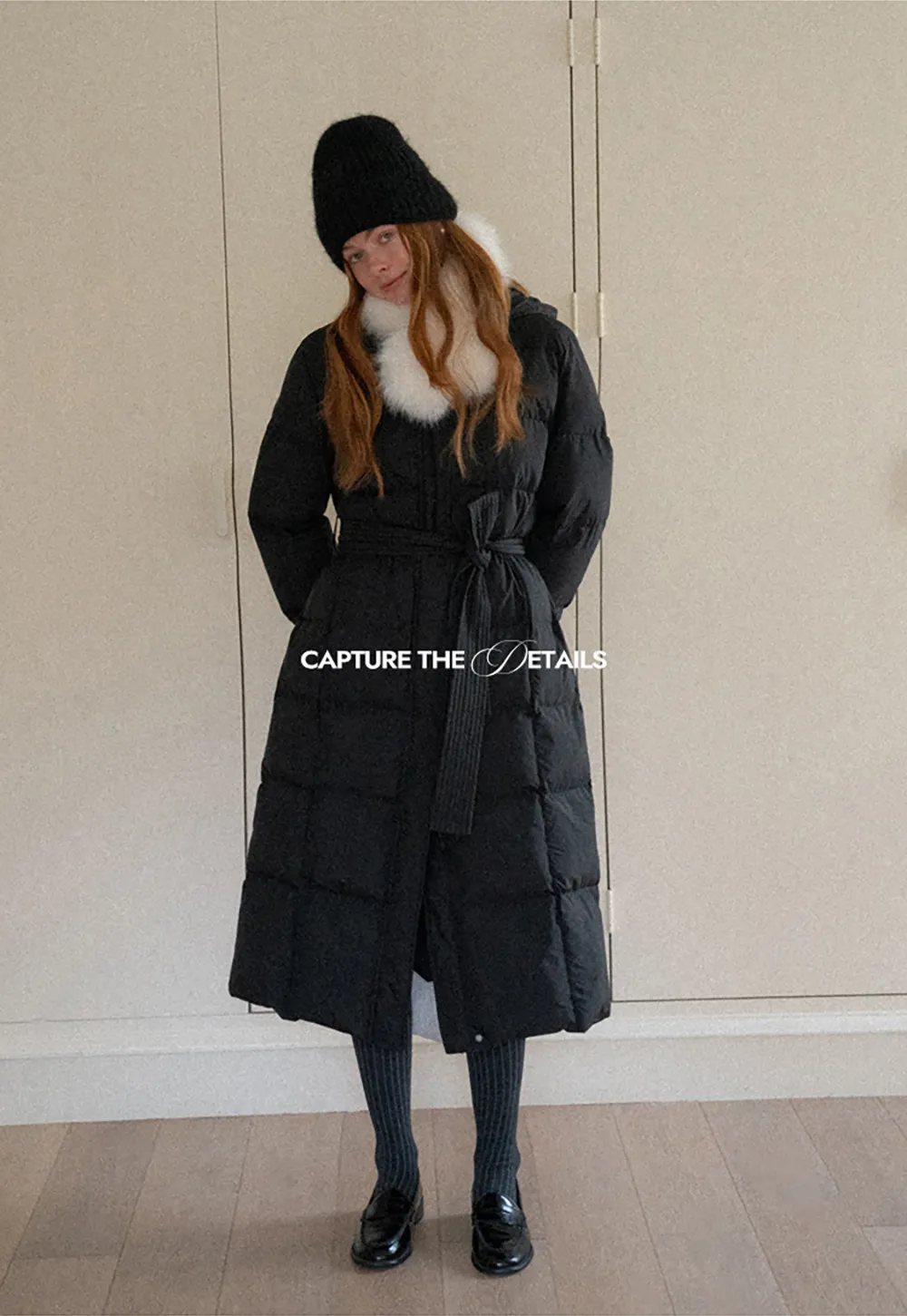 Long Puffer Coat with Fur Trim Hood Belted Design