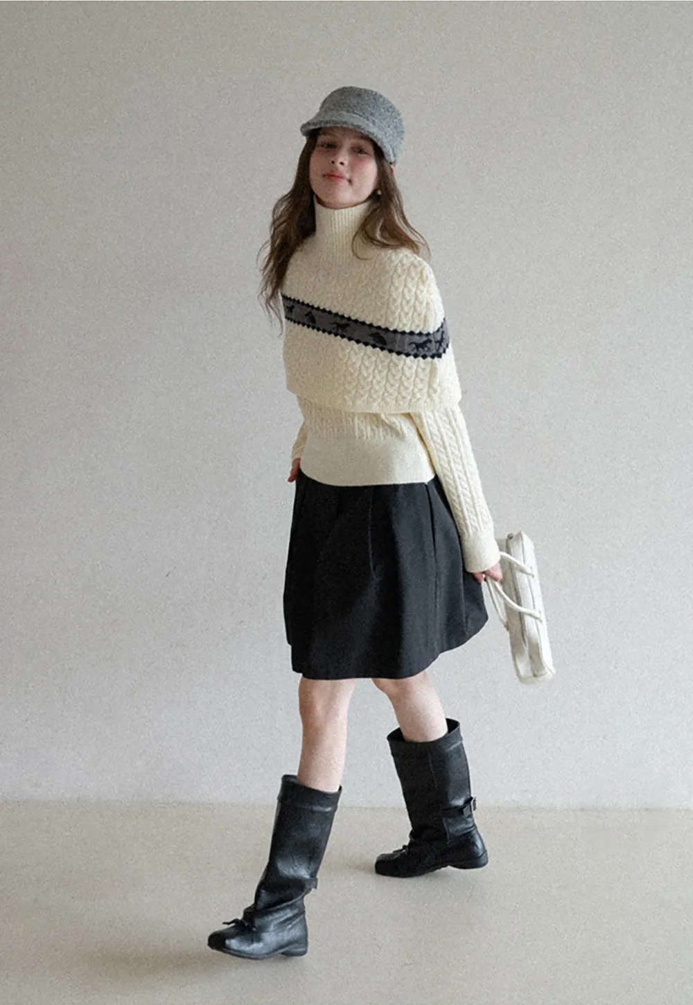 Turtleneck Cable Knit Sweater with Horse Pattern Stripe