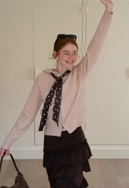 Pink Hooded Knit Sweater for Women Soft Warm Casual Top