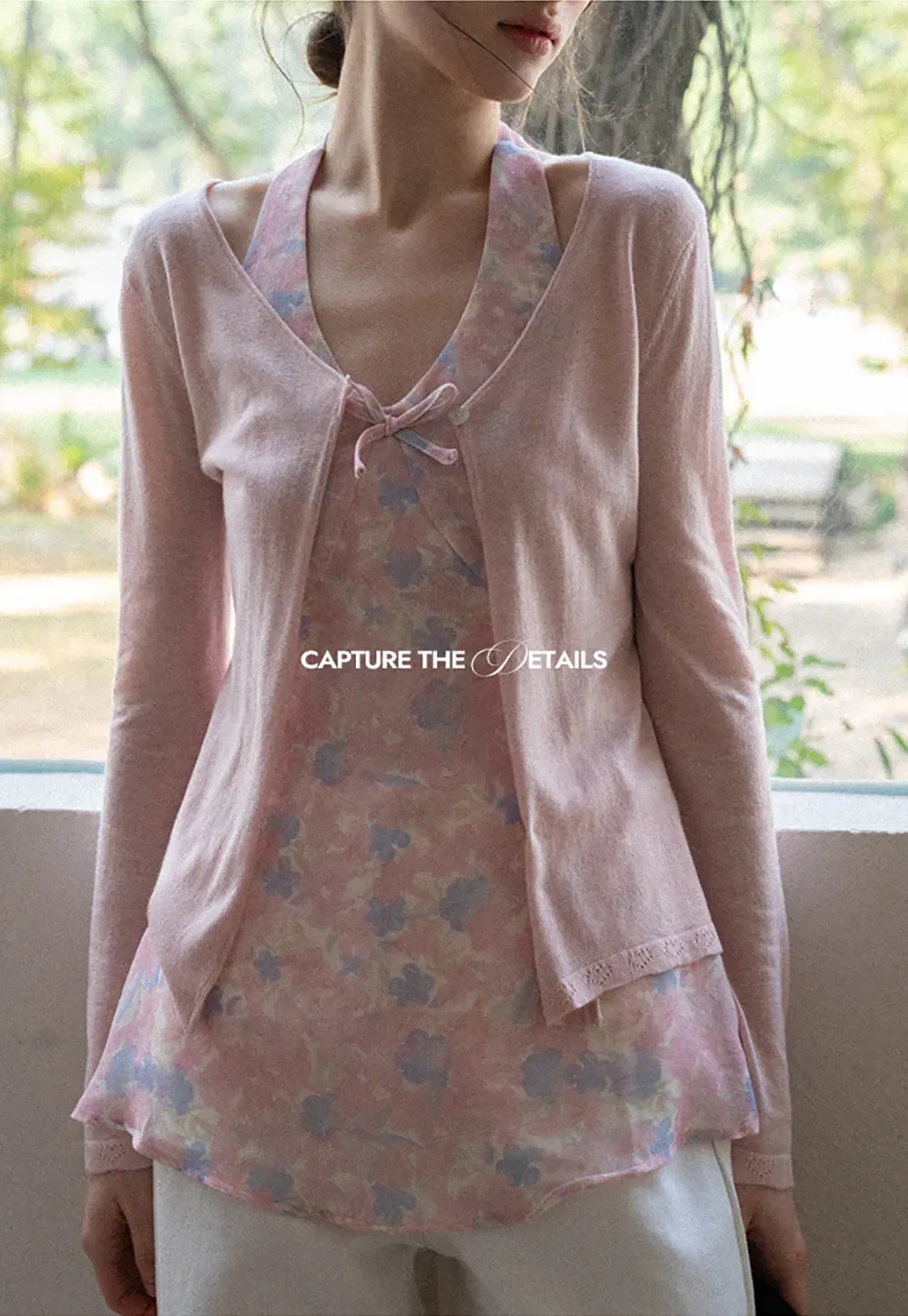 Woolen knit sweater with tie front and floral tank top