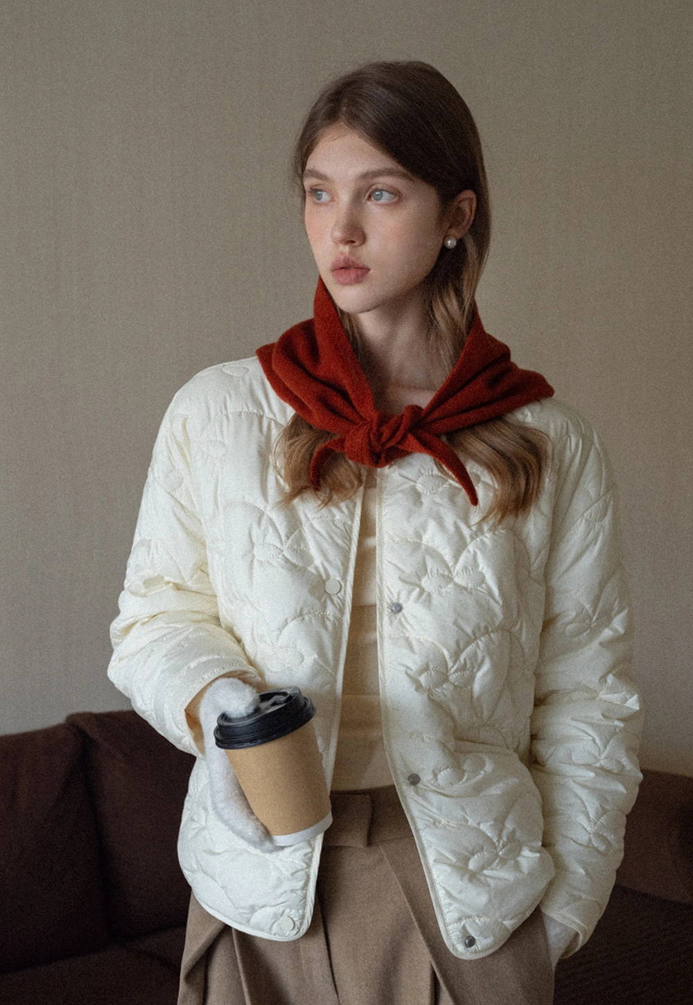 Round Neck Quilted Jacket Women Casual Outerwear