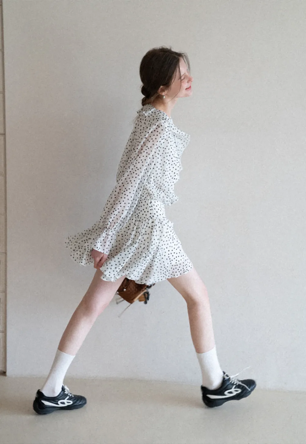 Polka Dot Ruffle Dress with V Neck and Long Sleeves