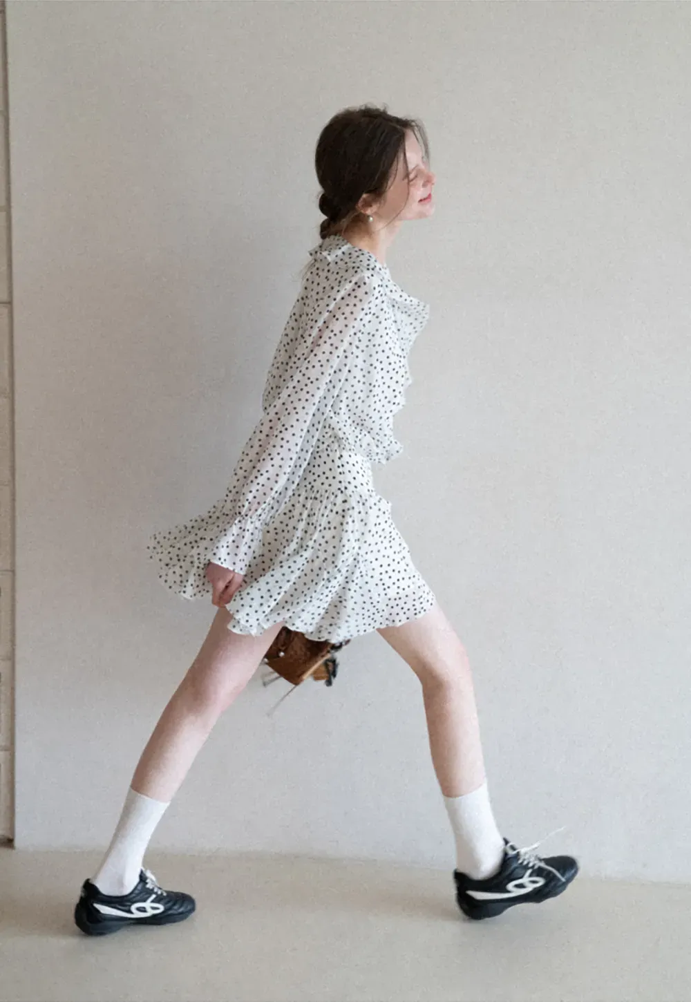 Polka Dot Ruffle Dress with V Neck and Long Sleeves