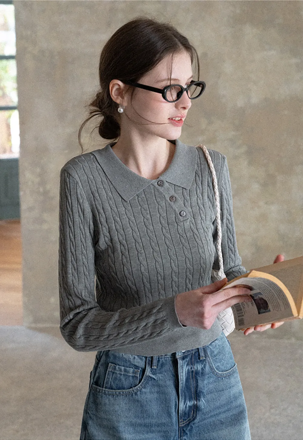 Cable Knit Long Sleeve Polo Neck Cropped Sweater