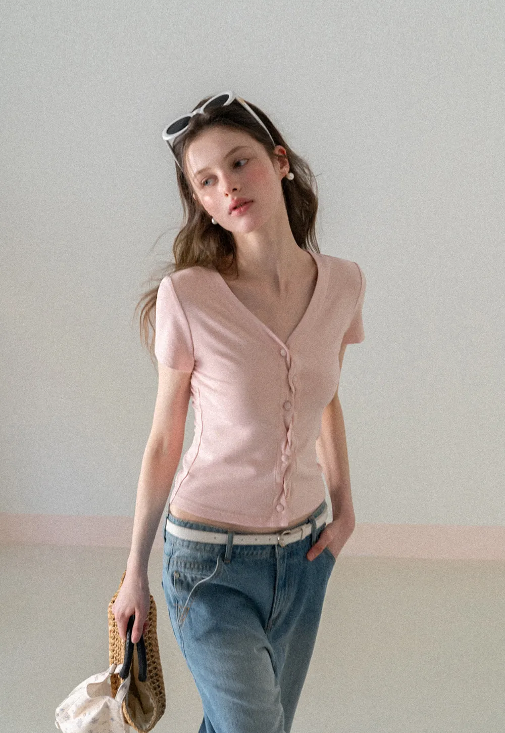 V neck short sleeve button front top