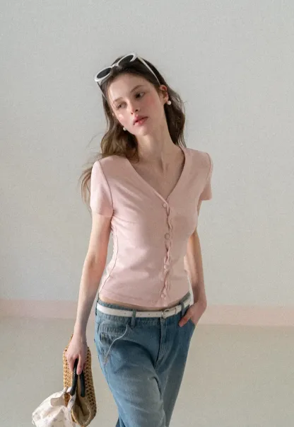 V neck short sleeve button front top