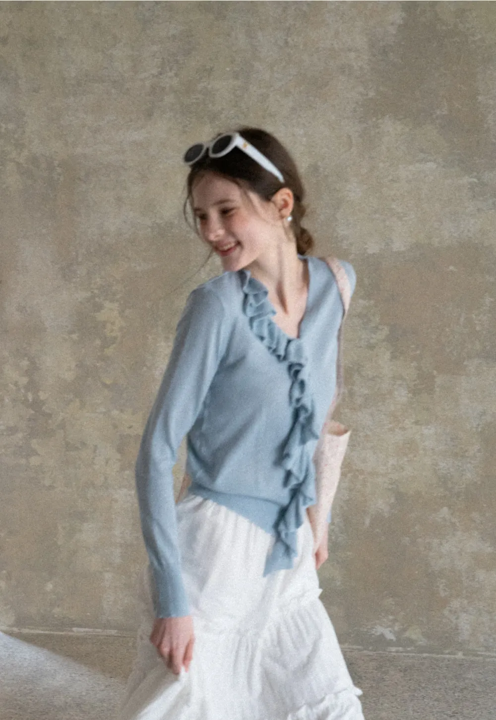 Lightweight Long Sleeve Knit Sweater with Ruffled Trim