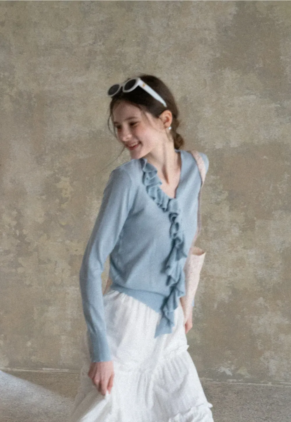 Lightweight Long Sleeve Knit Sweater with Ruffled Trim