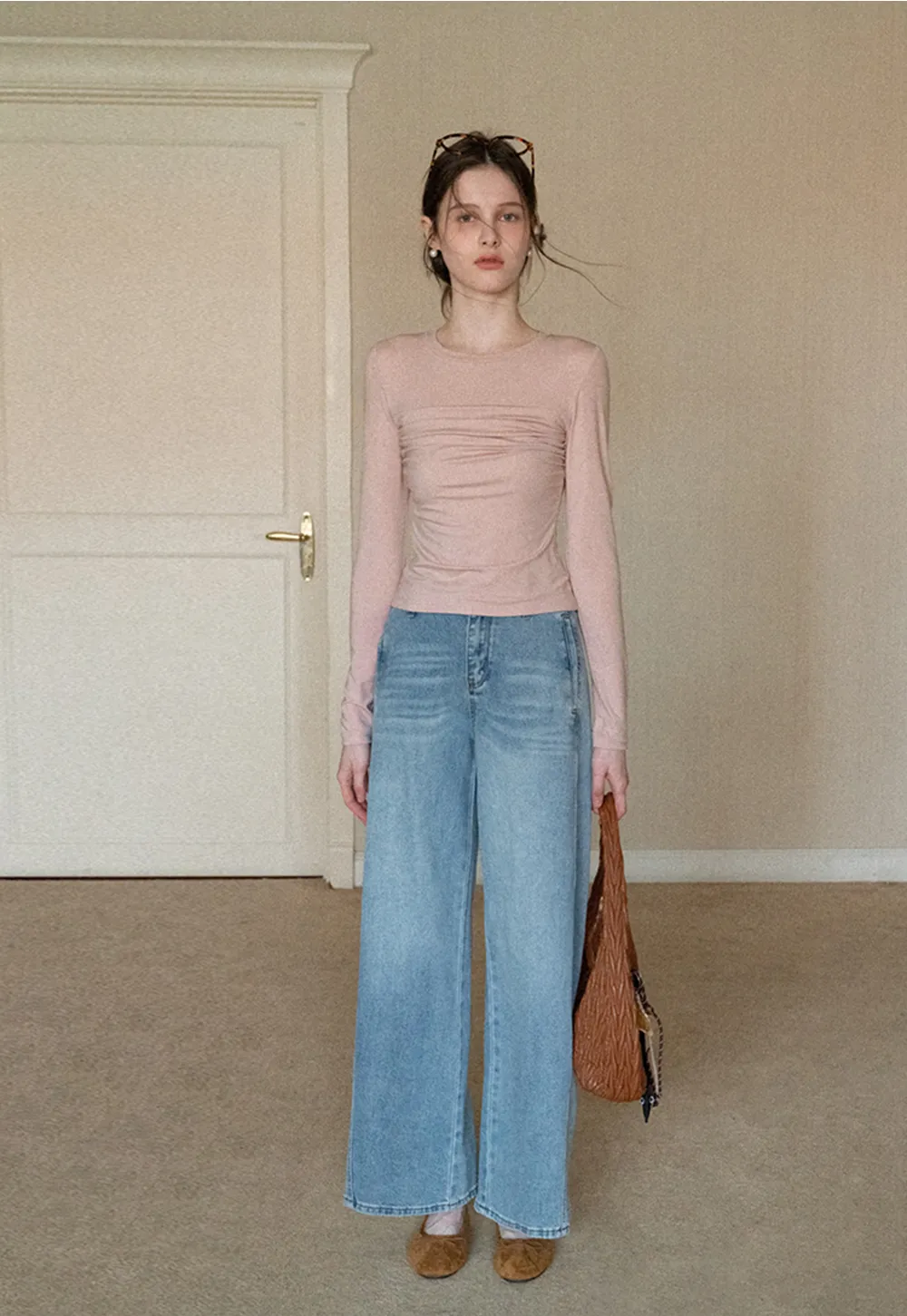 Ruched Long Sleeve T-Shirt with Gathered Detail