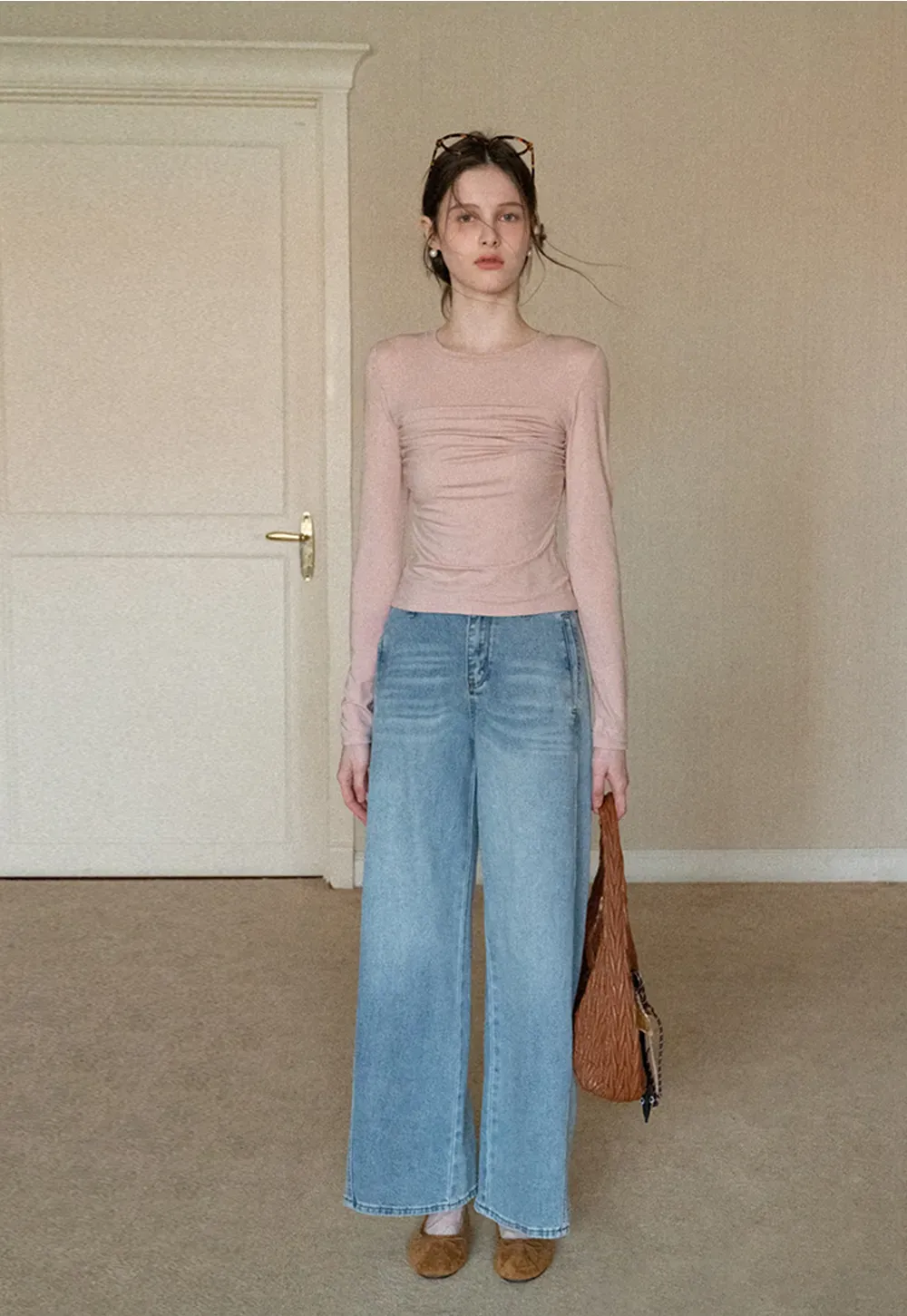 Ruched Long Sleeve T-Shirt with Gathered Detail