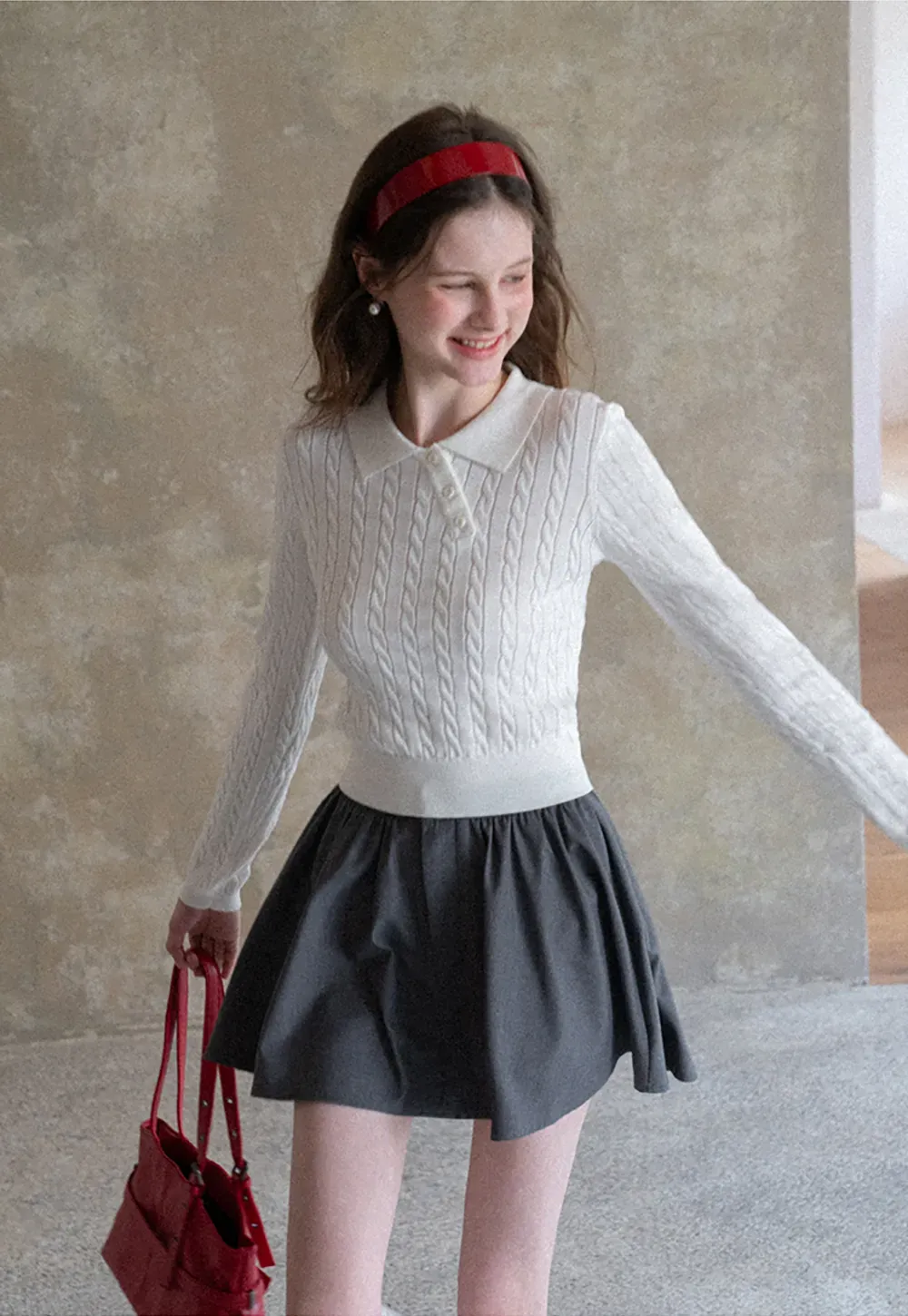 Cable Knit Long Sleeve Polo Neck Cropped Sweater