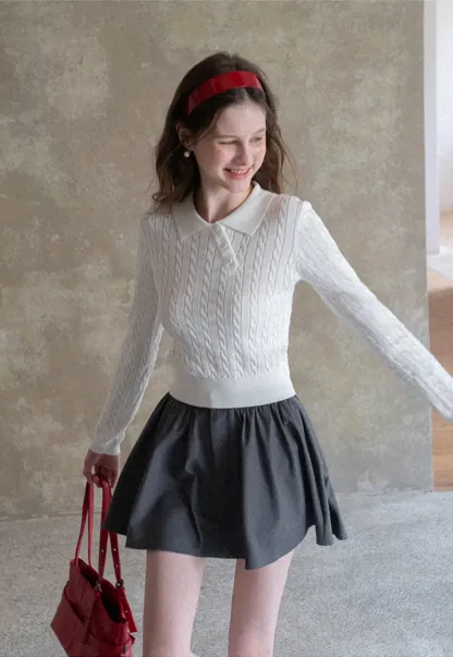 Cable Knit Long Sleeve Polo Neck Cropped Sweater