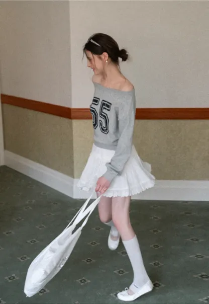 Off Shoulder Sweatshirt with Number Print