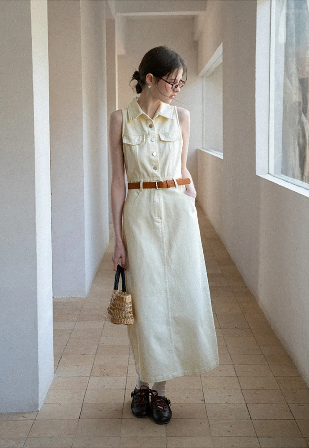 Sleeveless Collared Button Front Midi Dress