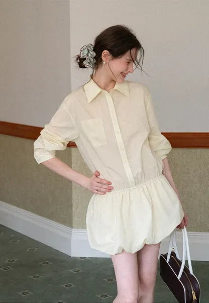 Button Front Shirt Dress with Pleated Pocket and Elastic Waist