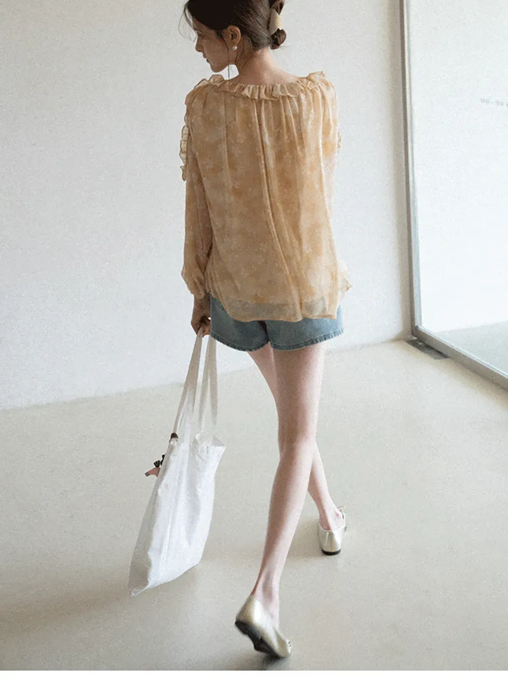 Lace Chiffon Blouse with Ruffled Neck and Sleeves