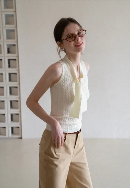 Knit Sleeveless Top with Front Bow Detail