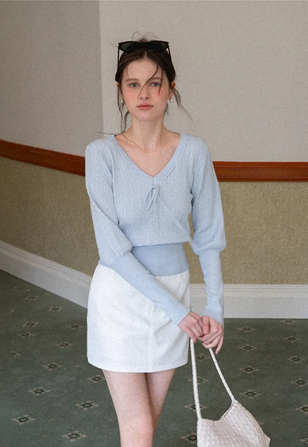 V Neck Knit Sweater with Front Tie Detail