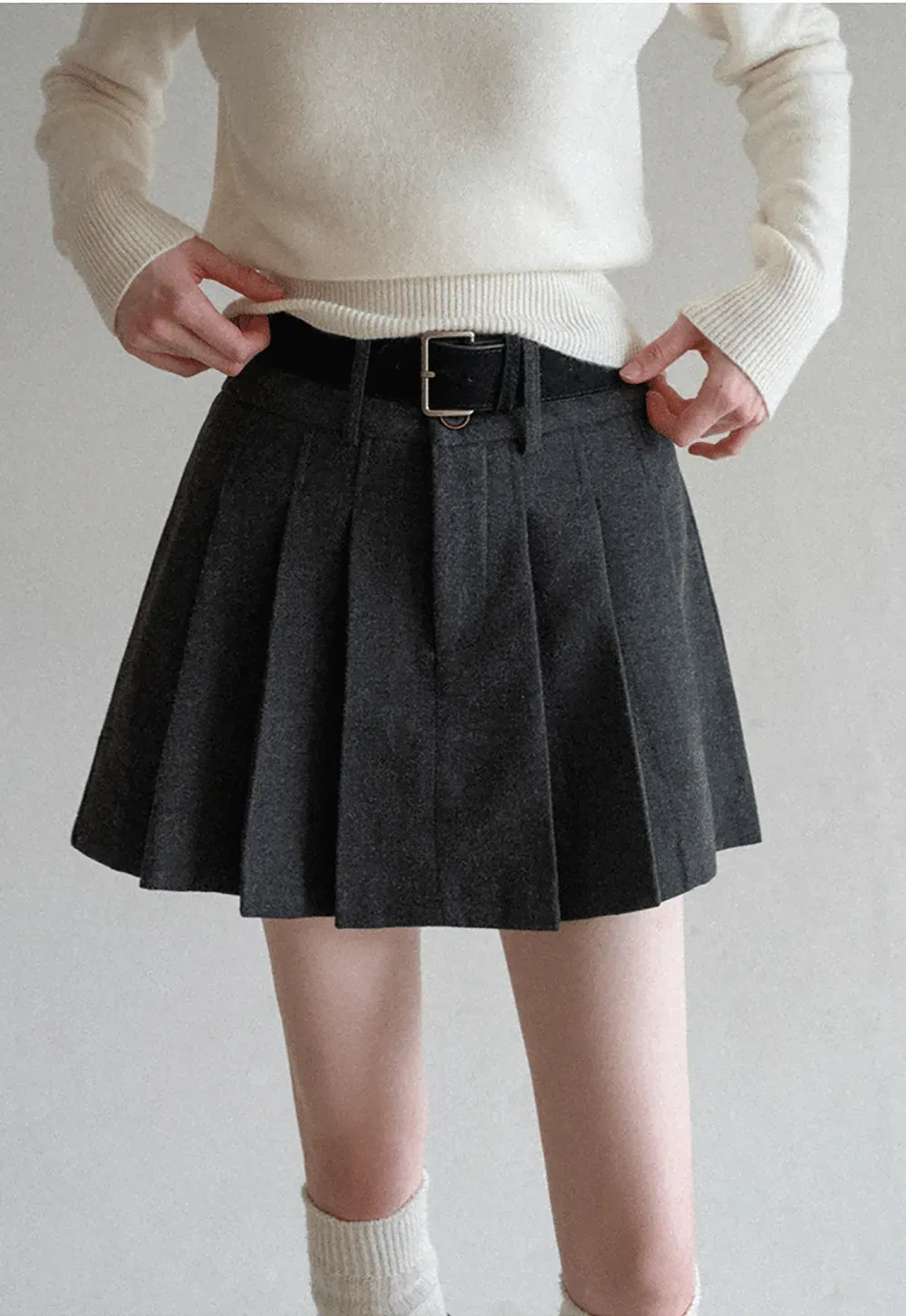 Pleated Mini Skirt with Belt Detail