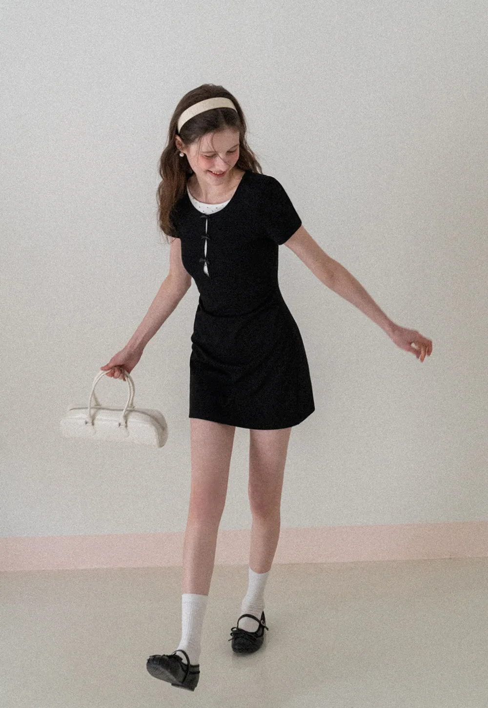 Short Sleeve Dress with Polka Dot Collar and Front Knot Detail