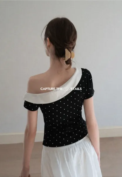 Polka dot short sleeve top with Peter Pan collar