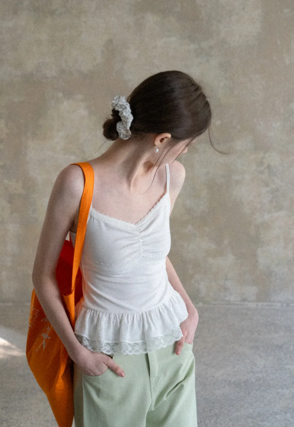 Lace Trimmed Peplum Tank Top with Thin Straps