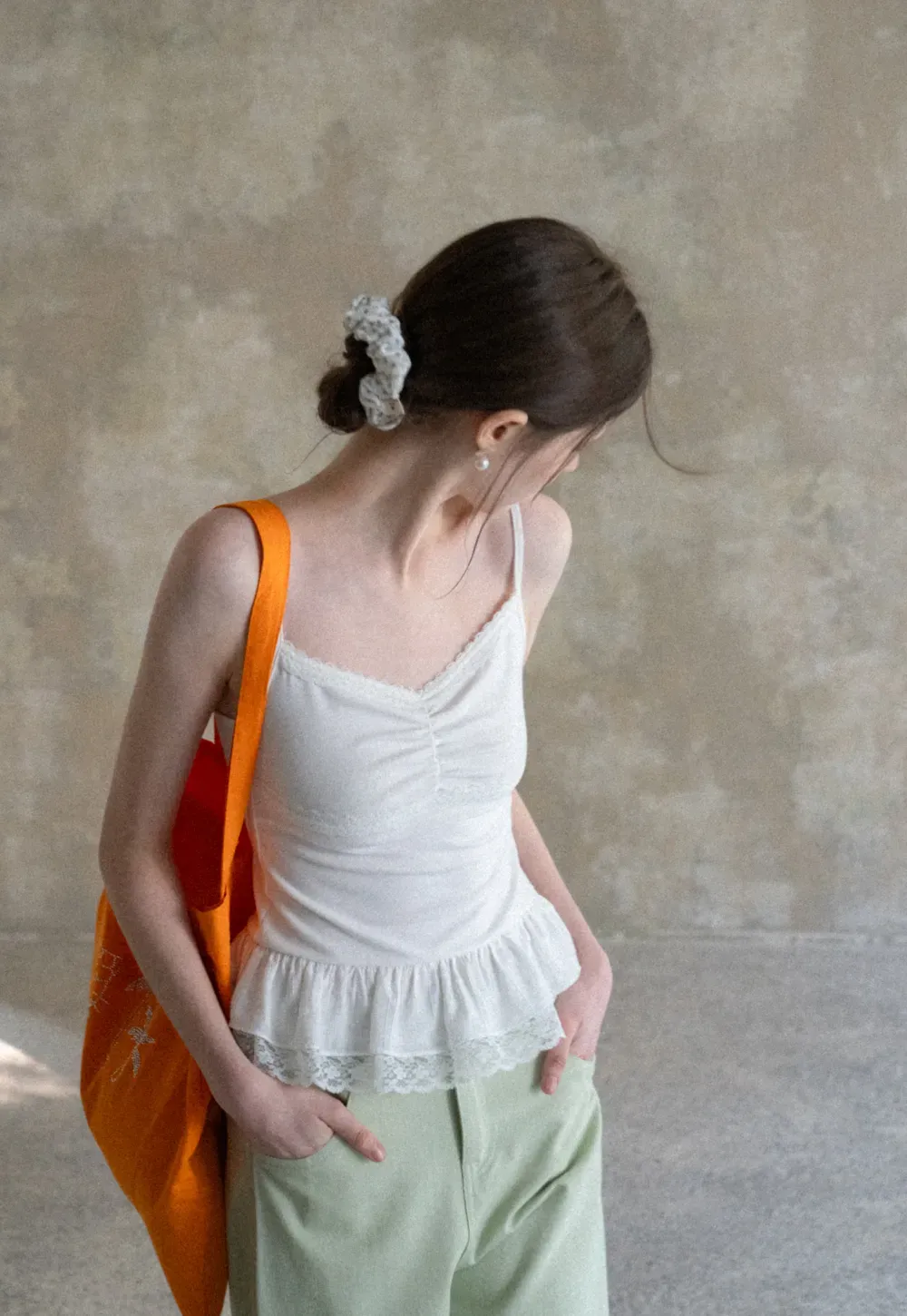 Lace Trimmed Peplum Tank Top with Thin Straps