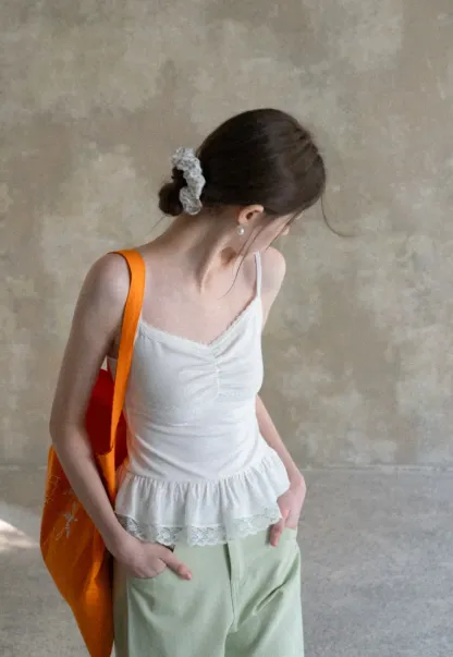 Lace Trimmed Peplum Tank Top with Thin Straps