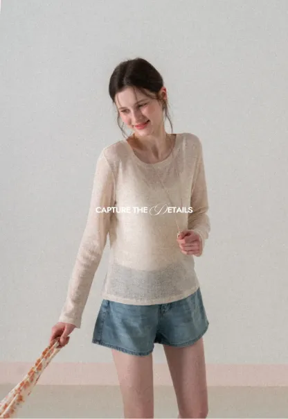 Long sleeve sheer knit top with round neckline