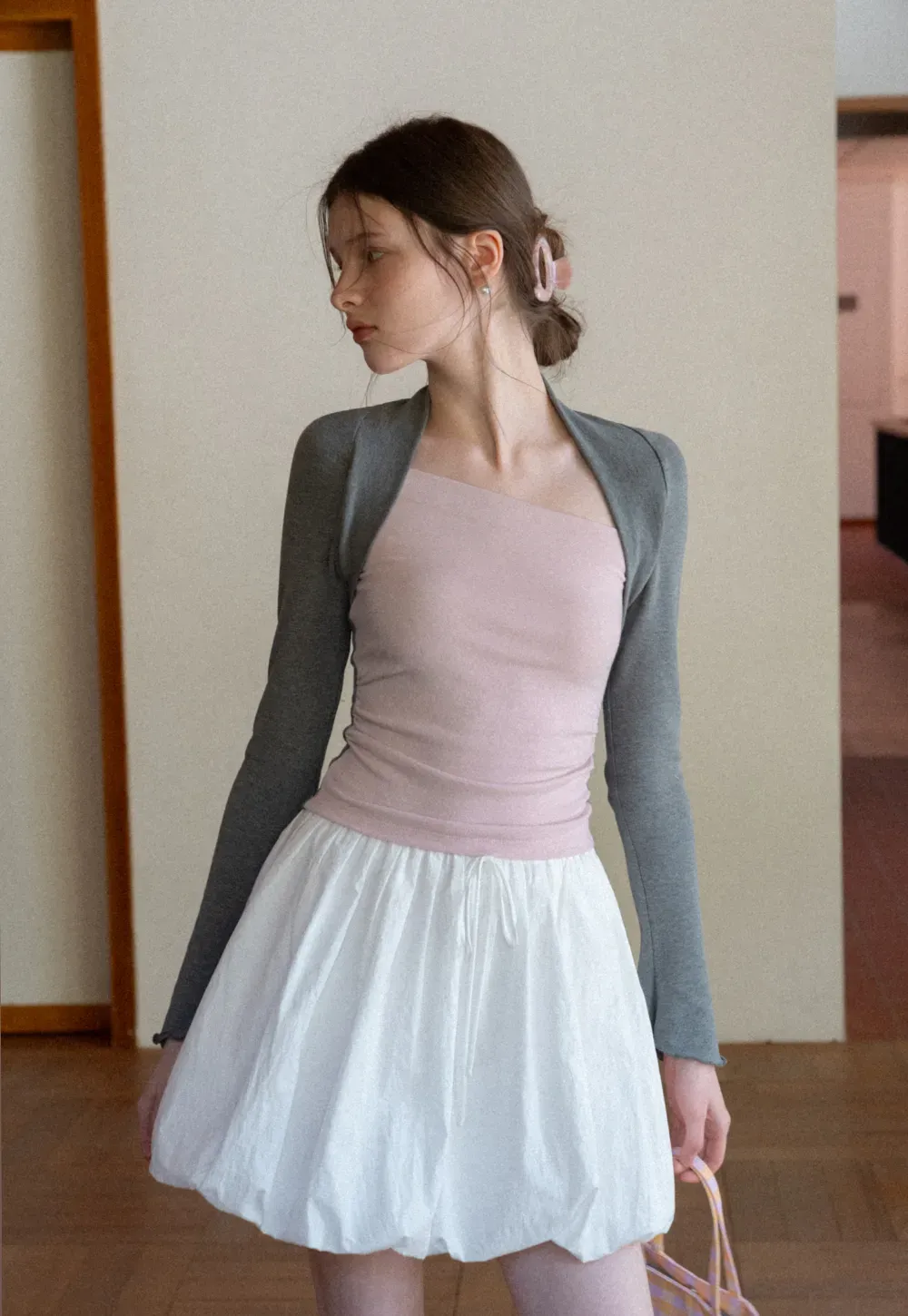 Polka dot long sleeve top with square neckline