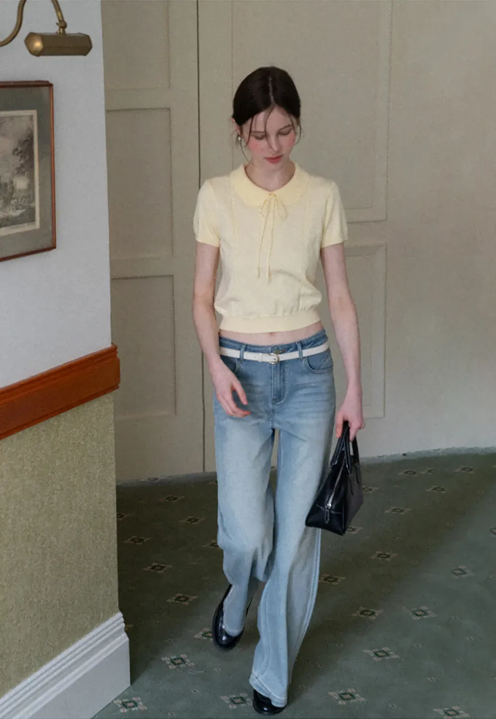 Short Sleeve Knit Top with Collar and Drawstring