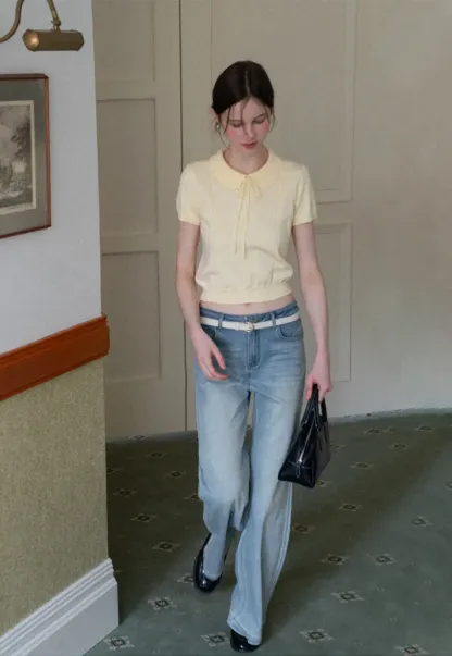 Short Sleeve Knit Top with Collar and Drawstring