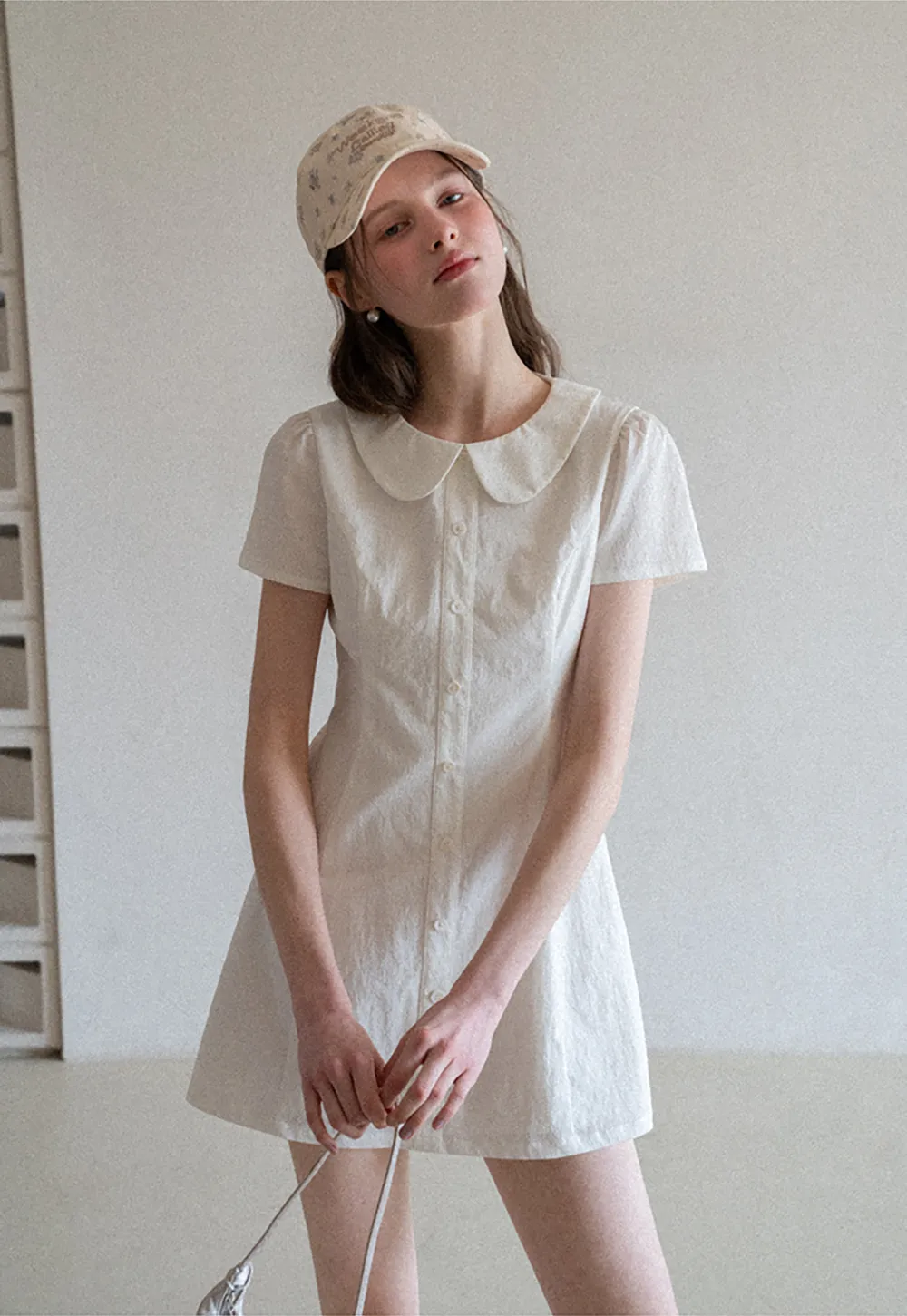 Button Front Dress with Peter Pan Collar and Short Sleeves
