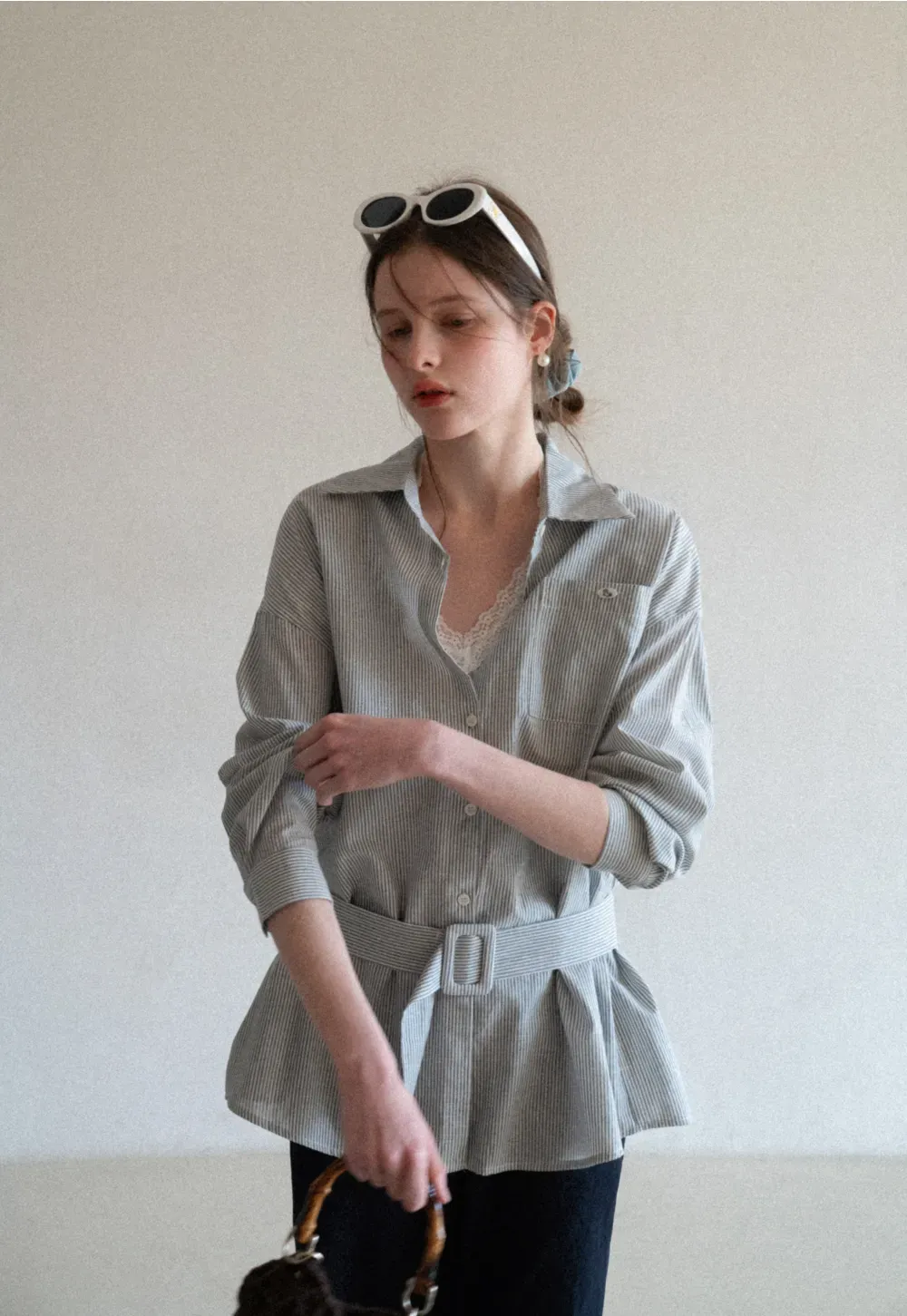 Striped Shirt with Belt and Lace Trim Tank Top