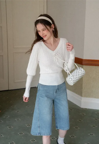 V Neck Knit Sweater with Front Tie Detail