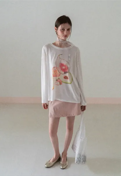 Oversized T shirt with fruit print and sheer neck detail