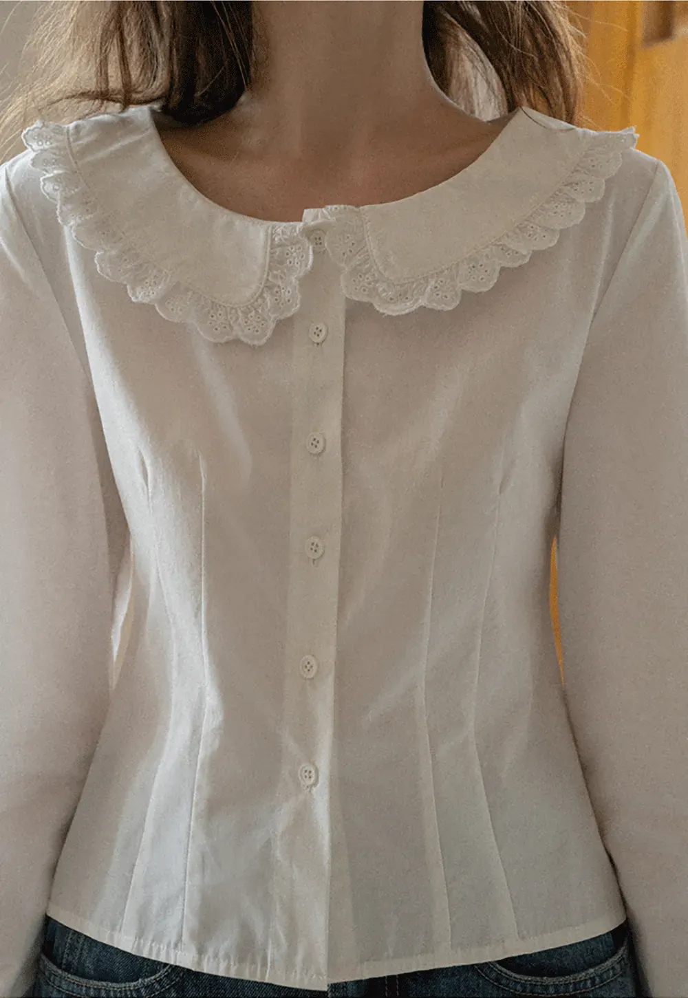 Long sleeve button front shirt with lace collar