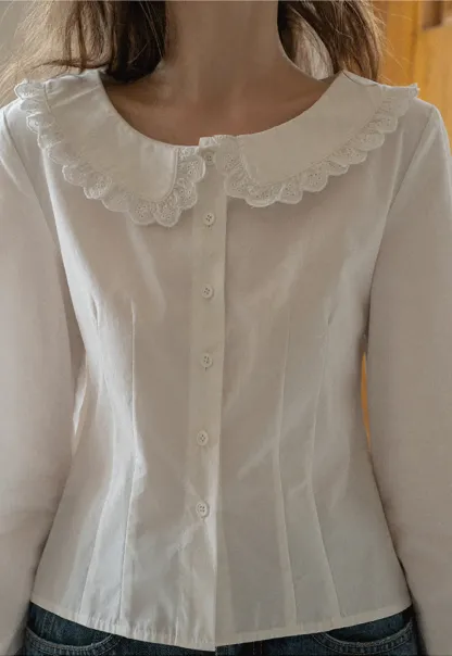 Long sleeve button front shirt with lace collar