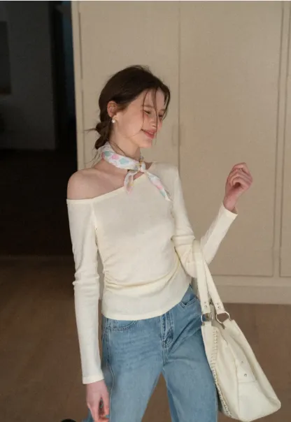 Asymmetrical long sleeve off shoulder top